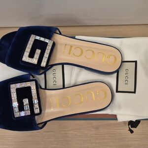 Gucci Madelyn Velvet Slide Sandal with Crystal Square G (Royal Blue)